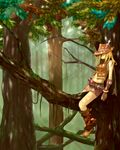  bad_id bad_pixiv_id belt blonde_hair boots cape closed_eyes dappled_sunlight feathers gloves hair_over_one_eye hat in_tree knife lororo miniskirt ranger_(sekaiju) sekaiju_no_meikyuu sitting sitting_in_tree skirt sleeping sleeping_upright solo sunlight tree 