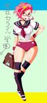  choker glasses hand_on_hip midriff original pink_hair school_uniform socks solo translation_request ya-zy 