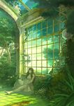  arakawa_(pixiv209608) architecture barefoot brown_hair dress flower grass greco-roman_architecture green greenhouse indoors leaf long_hair nature original overgrown petals plant scenery sitting solo tree wide_shot window 
