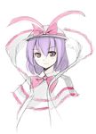  bow bowtie capelet looking_at_viewer nagae_iku pink_bow pink_neckwear purple_hair red_eyes seo_tatsuya short_hair simple_background solo touhou upper_body white_background 