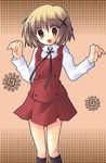  :d blush brown_eyes brown_hair hair_ornament hairclip hidamari_sketch open_mouth school_uniform short_hair skirt smile solo thighhighs x_hair_ornament yuno yuzuki_kotona 