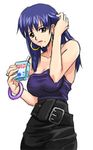  akogi arc_the_lad arc_the_lad_ii bare_shoulders belt bracelet green_eyes hand_in_hair jewelry long_hair lowres milk milk_carton mole mole_under_mouth purple_hair ring shante_(arc_the_lad) simple_background solo white_background 