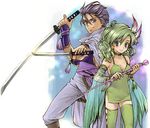  1girl blue_background blush detached_sleeves dress dual_wielding edward_geraldine final_fantasy final_fantasy_iv green_eyes green_hair height_difference holding katana ninja ninja_(final_fantasy) older rydia saikachi_(ogre_tree) staff sword thighhighs weapon 