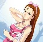  adjusting_hair bow breasts brown_eyes brown_hair bunny hairband idolmaster idolmaster_(classic) idolmaster_1 large_breasts long_hair minase_iori muhi11234 older pink_bow sleeveless solo stuffed_animal stuffed_bunny stuffed_toy 