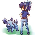  animal_ears belt blue_hair blush_stickers costume fang hairband hands_on_hips hitec looking_back moemon nidorina personification pokemon pokemon_(creature) red_eyes short_hair simple_background standing 