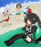  bad_anatomy black_hair chibi closed_eyes kaz kooh lee_byung_hee male_focus male_swimwear max_(pangya) multiple_boys ocean pangya red_eyes summer swim_trunks swimwear thighhighs twintails white_hair 