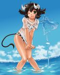  animal_ears animal_print bad_id bad_pixiv_id bikini cow_ears cow_girl cow_print cow_tail day green_eyes horns mattaku_mousuke original see-through solo swimsuit tail water wet 