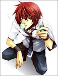 artist_request bangs bubble_blowing chewing_gum lowres male_focus marui_bunta necktie pants red_eyes red_hair school_uniform shadow solo squatting tennis_no_ouji-sama white_background wristband 
