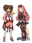  anise_tatlin arietta bad_id bad_pixiv_id blush brown_eyes brown_hair detached_sleeves dress gwayo hat long_hair multiple_girls pink_eyes pink_hair stuffed_animal stuffed_toy tales_of_(series) tales_of_the_abyss thighhighs twintails 