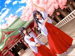  :d aki_no_miko banshuu_no_miko black_hair box cherry_blossoms closed_eyes donation_box game_cg hakama japanese_clothes long_hair miko multiple_girls non-web_source open_mouth petals pochi_katou red_hakama rope sandals shide shimenawa shrine smile tabi waving 