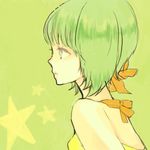  alternate_eye_color bad_id bad_pixiv_id bangs bare_shoulders breasts closed_mouth eimi from_side green green_background green_hair hair_ribbon halterneck looking_afar looking_away lowres macross macross_frontier profile ranka_lee ribbon short_hair silver_eyes small_breasts solo star underwear 