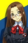 brown_hair fushimi_chihiro glasses long_hair michael persona persona_3 ribbon school_uniform smile solo yellow_eyes 