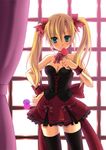  blonde_hair blue_eyes bow breasts candy cleavage food hair_bow hair_ribbon kagetsu_suzu lollipop long_hair original ribbon small_breasts solo thighhighs twintails zettai_ryouiki 