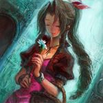  aerith_gainsborough bad_id bad_pixiv_id basket bow bracelet brown_hair closed_eyes cropped_jacket dress final_fantasy final_fantasy_vii flower hair_ribbon jacket jewelry long_hair lowres necklace pink_bow pink_dress ribbon solo 