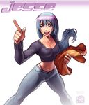  blue_hair breasts cleavage copyright_request crop_top denim jeans long_hair medium_breasts midriff navel omar_dogan open_mouth panties pants pointing purple_eyes smile solo sweater thong underwear very_long_hair 