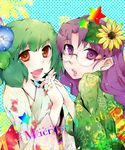  artist_request flower glasses green_hair holding_hands interlocked_fingers japanese_clothes kimono macross macross_frontier matsuura_nanase multiple_girls purple_eyes purple_hair ranka_lee short_hair smile star yukata 