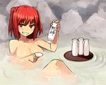  alcohol bath breasts cleavage cup drink large_breasts md5_mismatch nude onozuka_komachi onsen red_eyes red_hair sakazuki sake short_hair solo tokkuri touhou yu_65026 