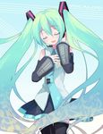  breast_suppress closed_eyes detached_sleeves eighth_note gradient_hair green_hair hair_ribbon hand_on_ear hatsune_miku jpeg_artifacts koto_(colorcube) long_hair lowres multicolored_hair music musical_note necktie ribbon singing skirt smile solo thighhighs twintails vocaloid 