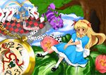  alice_(wonderland) alice_in_wonderland blonde_hair blush bow brown_eyes card cards castle cat cheshire_cat clock cloud flower heart rainbow ribbon sitting sky watch white_rabbit 