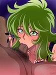  1girl :&gt;= blush censored fellatio green_eyes green_hair highres lipstick long_hair looking_up makeup nail_polish ophiuchus_shaina oral penis pubic_hair raburebo saint_seiya simple_background sweat 