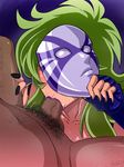  1girl :&gt;= blush censored dark_skin fellatio fingerless_gloves gloves green_hair highres lipstick long_hair makeup mask nail_polish nude ophiuchus_shaina oral penis pubic_hair raburebo saint_seiya simple_background sweat 