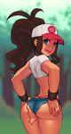  ass back baseball_cap blue_eyes brown_hair cable crop_top curvy cutoffs denim denim_shorts hands_on_ass hat high_ponytail highleg highleg_panties licking_lips lips lm_(legoman) looking_back naughty_face panties pokemon pokemon_(game) pokemon_bw pussy_juice pussy_juice_trail short_shorts shorts solo thick_thighs thighs thong tongue tongue_out touko_(pokemon) underwear vibrator vibrator_under_clothes whale_tail wide_hips wristband 