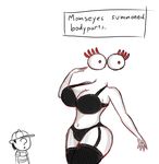  bra breasts cleavage clothed clothing disembodied_eyes earthbound earthbound_zero english_text female hat human legwear male mammal momseyes mother mother_(game) ninten plain_background red_eyes skimpy stockings text timoteihiv underwear white_background 