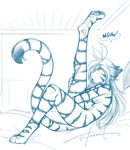 black_and_white blue_and_white feline flexible flora flora_(twokinds) hindpaw looking_at_viewer mammal monochrome paws suggestive tiger tom_fischbach twokinds 