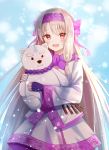  :d ainu_clothes bangs blue_sky blush bow character_doll day eyebrows_visible_through_hair fate/grand_order fate_(series) fingerless_gloves fingernails gloves hair_between_eyes hair_bow hairband highres illyasviel_von_einzbern light_brown_hair long_hair long_sleeves looking_at_viewer nasii object_hug open_mouth outdoors pink_bow pink_hairband purple_gloves red_eyes revision shirou_(fate/grand_order) sidelocks sitonai sky smile snow solo stuffed_animal stuffed_toy teddy_bear very_long_hair wide_sleeves 