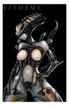  alien_(movie) black_background bodysuit breastless_clothes breasts breasts_outside contrapposto grey_skin hands_on_hips head_tilt highres large_breasts leotard mask monster_girl navel navel_cutout nipples shengkong_(prank) simple_background solo standing xenomorph 