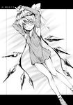  armpits asuima bare_shoulders crystal demon_wings detached_sleeves flandre_scarlet full_body greyscale long_sleeves looking_at_viewer monochrome no_pants short_hair socks solo thigh_gap touhou wings 