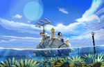  2girls antennae barefoot black_hair blonde_hair cloud copyright_request day goggles highres kyan-dog mecha multiple_girls no_pants ocean one-piece_swimsuit outdoors partially_immersed partially_underwater_shot scenery school_swimsuit school_uniform science_fiction sky soaking_feet sun swimsuit swimsuit_under_clothes 