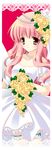  bouquet bride copyright_request dress flower jewelry long_hair necklace non-web_source pink_hair red_eyes shigunyan solo wedding wedding_dress 