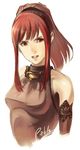  karin_koenig lips looking_at_viewer pablo ponytail red_eyes red_hair serious shadow_hearts shadow_hearts_ii sidelocks signature sleeveless solo upper_body 