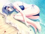  albino barefoot beach bikini day feet fetal_position hairband highres leg_hug lying non-web_source ocean on_side outdoors primitive_link red_eyes sand seashell shell short_hair side-tie_bikini sione solo submerged sugina_miki swimsuit wallpaper water white_hair 