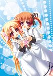  blonde_hair blue_eyes brown_hair dress fate_testarossa heart heart_hands heart_hands_duo long_hair long_sleeves looking_at_viewer lyrical_nanoha mahou_shoujo_lyrical_nanoha multiple_girls pose red_eyes school_uniform seishou_elementary_school_uniform takamachi_nanoha teruui twintails very_long_hair white_dress 