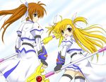  blonde_hair blush brown_hair cosplay fingerless_gloves flipper gloves hair_ribbon heterochromia long_hair lyrical_nanoha magical_girl mahou_shoujo_lyrical_nanoha_strikers multiple_girls purple_eyes raising_heart ribbon skirt staff takamachi_nanoha takamachi_nanoha_(cosplay) thighhighs twintails vivio zettai_ryouiki 