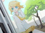  1girl blonde_hair blue_eyes kagamine_rin mcdonald's menou_kururu necktie psycho-puzzle ronald_mcdonald school_uniform short_hair skirt spring_onion thighhighs vocaloid when_you_see_it 