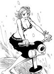  bangle barefoot bikini_top bracelet breasts chabudai cleavage greyscale highres jewelry large_breasts log_pose midriff monochrome nami_(one_piece) one_piece short_hair solo swimsuit tattoo water 