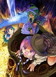  bandana blue_eyes blue_hair coin gold green_eyes green_hair hat katana kazuki_kiyoto lasso multiple_girls original pink_hair purple_eyes skull sword water waterfall weapon 