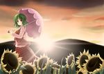  ascot cloud flower green_hair kazami_yuuka light_smile mountain nature nekomushi parasol pink_eyes plaid plaid_skirt plaid_vest short_hair skirt skirt_set sky solo sun sunflower sunset touhou umbrella vest 