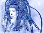  back blue blue_eyes blue_hair blue_skin final_fantasy final_fantasy_x fm77_(artist) hair_ornament ice looking_back monochrome shiva_(final_fantasy) solo 