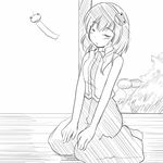  bare_shoulders closed_eyes greyscale kochiya_sanae mizushima_kai monochrome nontraditional_miko pillar short_hair sitting skirt sleeveless solo touhou vest wind_chime 