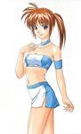  armlet bare_shoulders blue_skirt collarbone fukuoka_katsumi looking_at_viewer lyrical_nanoha mahou_shoujo_lyrical_nanoha mahou_shoujo_lyrical_nanoha_a's mahou_shoujo_lyrical_nanoha_strikers midriff race_queen side_ponytail side_slit simple_background skirt solo stomach strapless takamachi_nanoha tubetop white_background 