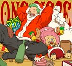  bell book bottle cake christmas cup food gift hat lowres male_focus mug one_piece pastry pink_hat roronoa_zoro sack santa_costume santa_hat sleeping tony_tony_chopper yamamiya_hiroshi 