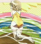  barefoot casual_one-piece_swimsuit hair_ornament hidamari_sketch one-piece_swimsuit screencap solo stitched swimsuit third-party_edit wading_pool x_hair_ornament yellow_swimsuit yuno 