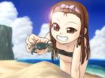  beach bikini brown_eyes brown_hair caryo child cloud crab crustacean day forehead grin idolmaster idolmaster_(classic) idolmaster_1 long_hair minase_iori ocean outdoors sand sky smile solo swimsuit takeda_yukimura 