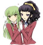  bangs black_hair blazer blush c.c. code_geass green_eyes green_hair hands_together hug jacket long_hair long_sleeves marianne_vi_britannia mizunomoto multiple_girls ponytail purple_eyes school_uniform sidelocks simple_background upper_body very_long_hair white_background 