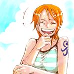  bad_id bad_pixiv_id closed_eyes futomaki laughing lowres nami_(one_piece) one_piece orange_hair short_hair solo striped tattoo 