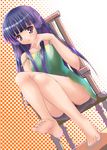  :o bangs barefoot blue_hair blunt_bangs chair chin_rest collarbone crossed_legs dress dutch_angle feet full_body furude_rika green_skirt halftone halftone_background higurashi_no_naku_koro_ni kisaragi_miyu legs long_hair looking_at_viewer purple_eyes sitting skirt soles strap_slip sundress toes upskirt 